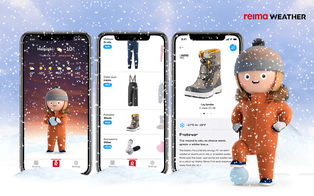 Reima Weather appin ulkoasu on piirroshahmoineen hauskan leikkisä – iloinen lapsonen seisoo lumisateessa säähän sopivassa varustuksessa, jonka väriä voi vaihtaa mieleisekseen.